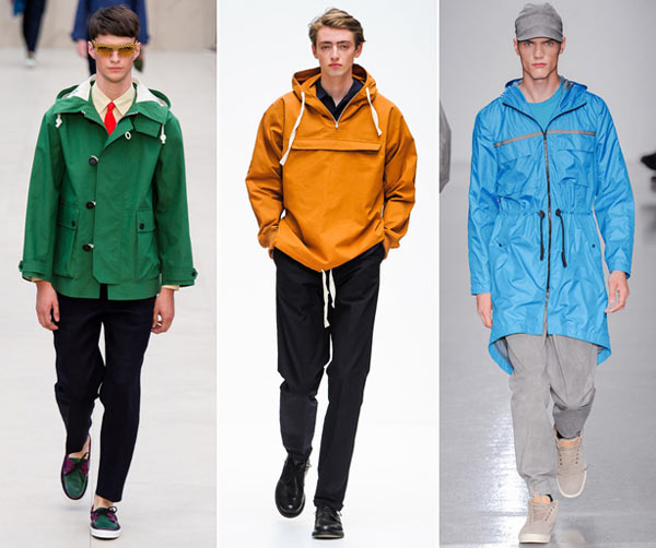 Whether drawing on a military, mountaineering, or nautical tradition, technical outerwear is nothing new. And it sure isnt going anywhere. But next spring, you can bet its gonna be strong on bold statement colors. From left: Burberry Prorsum, Margaret Howell, Christopher Raeburn.