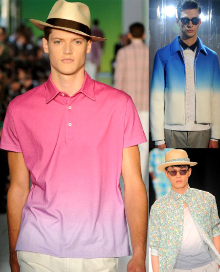 Borrowing from the girls trend box, a gentle sprinkling of ombré makes headway as the ultimate summer motif. Clockwise from top left: Richard James; Jonathan Saunders; YMC.
